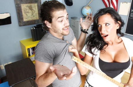 Nasty MILF teacher Lezley Zen denudes hooters and gets pounded hard